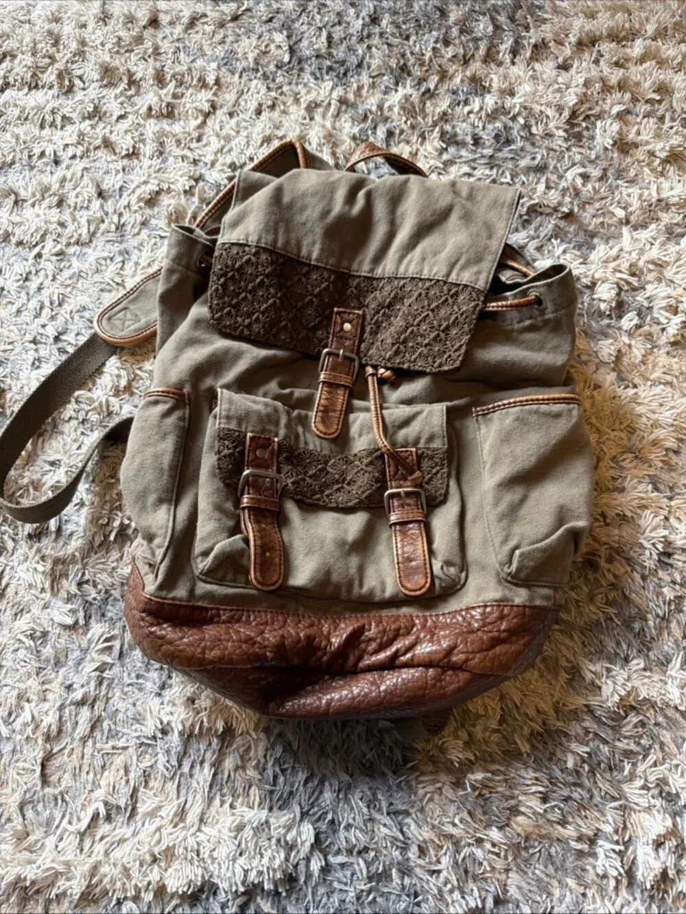 CAPE JUBY Bohemian Green & Brown Retro Canvas Faux Leather Rucksack